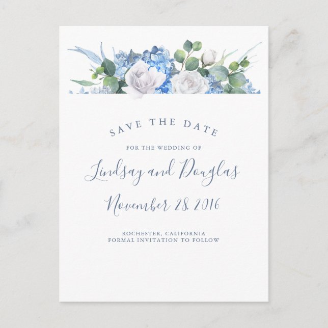 Postal De Anuncios Dusty Blue Floral Greenery Hydrangea Guardar la fe (Anverso)