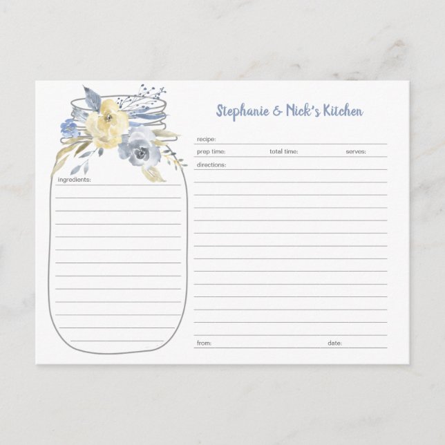 Postal De Anuncios Dusty Blue Floral Mason Jar Recetas (Anverso)