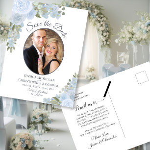 Postal De Anuncios Dusty Blue Floral & Photo Wedding Salven la fecha