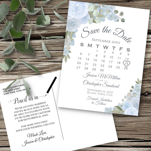 Postal De Anuncios Dusty Blue Floral Wedding Save the Date Calendar (Subido por el creador)