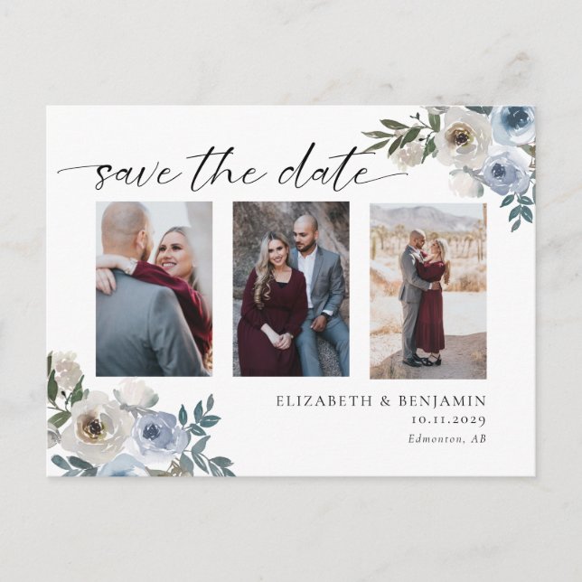 Postal De Anuncios Dusty Blue Foto Elegante de Boda Save the Date  (Anverso)