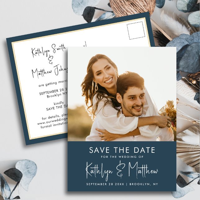 Postal De Anuncios Dusty Blue Fun Script Moderno Boda De Fotos Salve  (Subido por el creador)