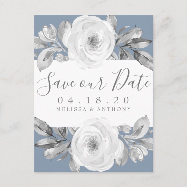 Postal De Anuncios Dusty Blue Gray Floral Diamond Save the Date (Anverso)