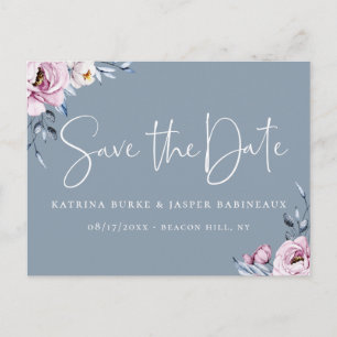 Postal De Anuncios Dusty Blue Mauve Floral salva la fecha