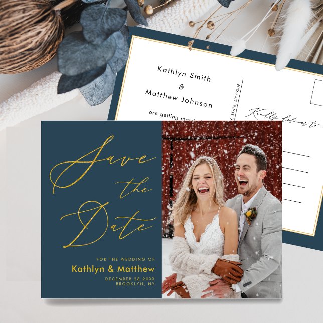 Postal De Anuncios Dusty Blue Modern Script Wedding Salven La Fecha (Subido por el creador)