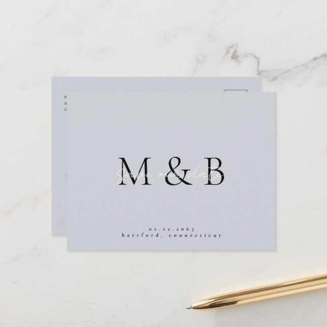 Postal De Anuncios Dusty Blue Monogram Wedding Save the Date (Anverso/Reverso In Situ)