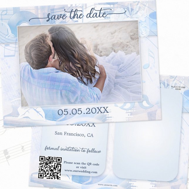 Postal De Anuncios Dusty Blue Music Theme Photo Save the Date (Subido por el creador)