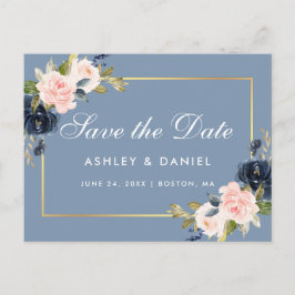 Postal De Anuncios Dusty Blue Pink Blush Floral Gold Save the Date