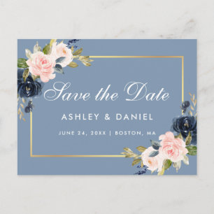 Postal De Anuncios Dusty Blue Pink Blush Floral Gold Save the Date