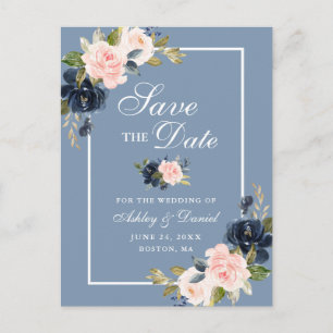 Postal De Anuncios Dusty Blue Pink Blush Floral Save the Date
