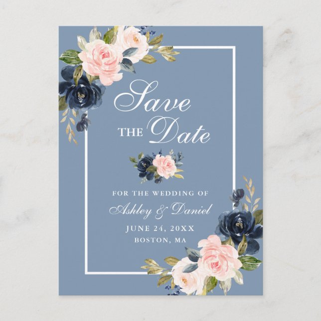 Postal De Anuncios Dusty Blue Pink Blush Floral Save the Date (Anverso)