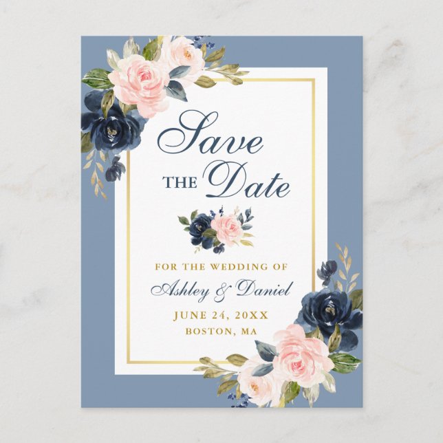 Postal De Anuncios Dusty Blue Pink Floral Gold Save the Date (Anverso)