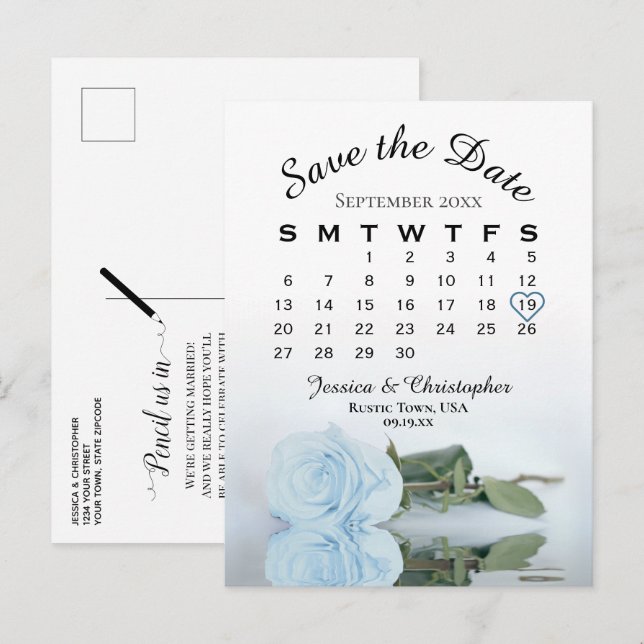 Postal De Anuncios Dusty Blue Rosa Boda Calendario Guardar fecha (Anverso / Reverso)
