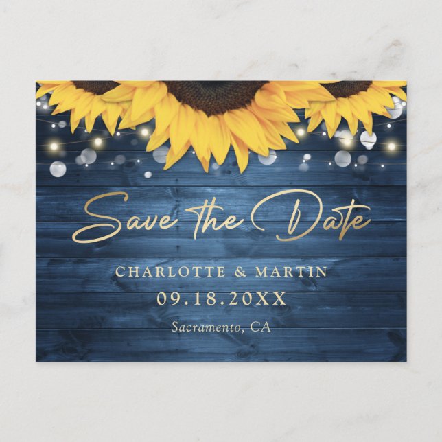 Postal De Anuncios Dusty Blue Rustic Sunflower Wedding Salva La Fecha (Anverso)
