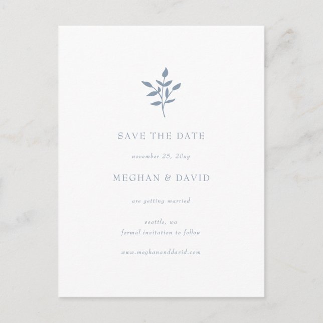 Postal De Anuncios Dusty Blue Simple Botanical Save The Date (Anverso)