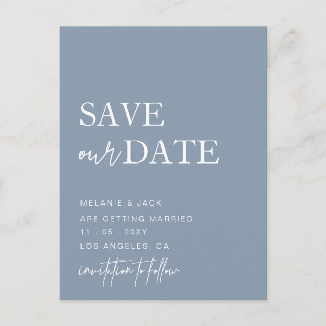 Postal De Anuncios Dusty Blue Simple Calligraphy Save the Date (Anverso)