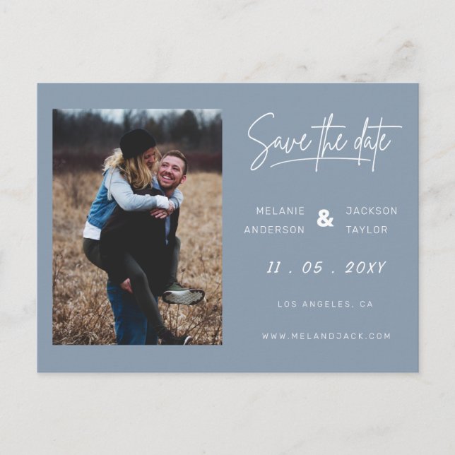 Postal De Anuncios Dusty Blue Simple Photo Save the Date (Anverso)