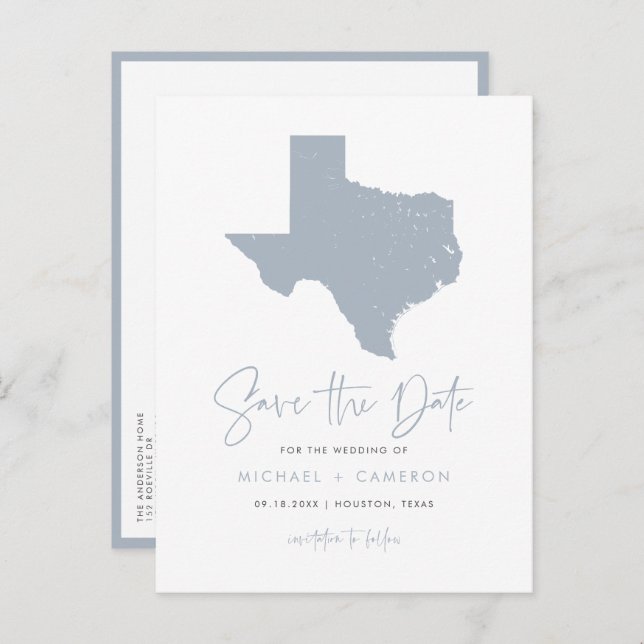 Postal De Anuncios Dusty Blue Texas State Map QR Code Save the Date (Anverso / Reverso)