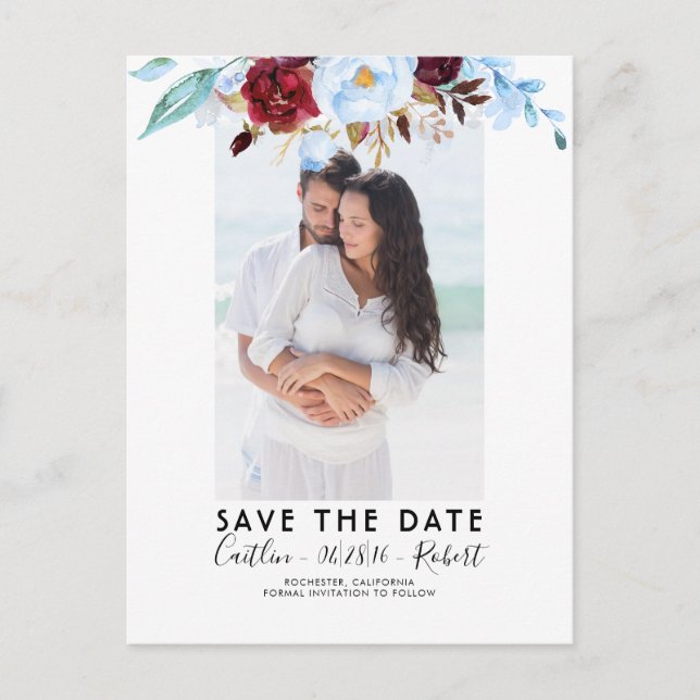 Postal De Anuncios Dusty Blue y Burgundy Red Photo Save the Date (Anverso)