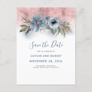 Postal De Anuncios Dusty Blue y Floral Rose Gold Save the Date