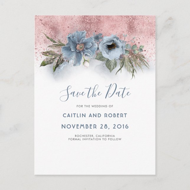 Postal De Anuncios Dusty Blue y Floral Rose Gold Save the Date (Anverso)