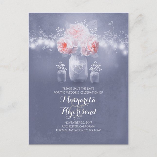 Postal De Anuncios Dusty Blue y Rubor Salven la fecha (Anverso)