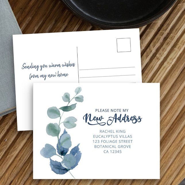 Postal De Anuncios Dusty Eucalyptus Watercolor Foliage Moving (New Address postcard with dusty blue and green eucalyptus leaves)