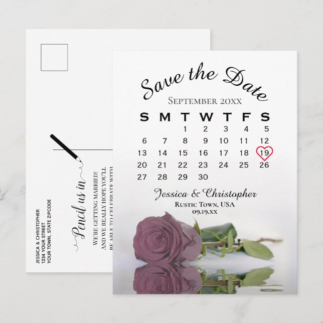 Postal De Anuncios Dusty Mauve Calendario de Bodas Rosas Guardar la f (Anverso / Reverso)