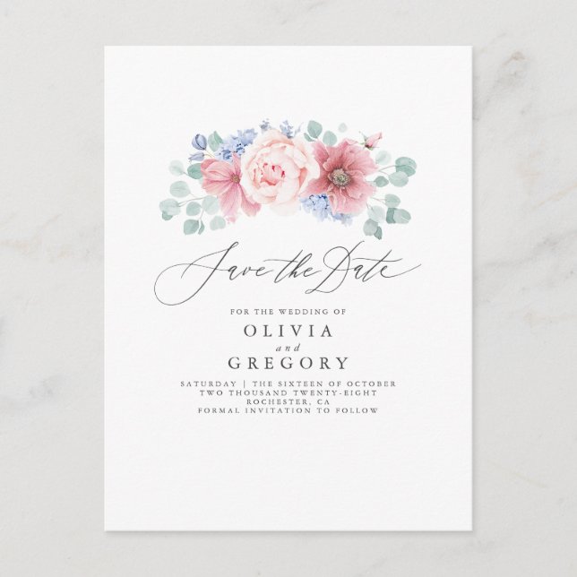 Postal De Anuncios Dusty Rose y Dustazul Floral Guarda la Fecha (Anverso)