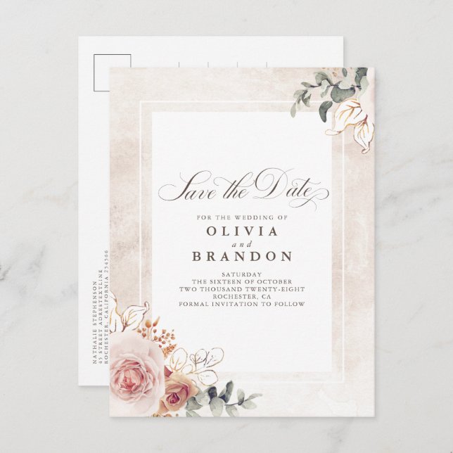 Postal De Anuncios Earthy Pink Floral Elegant Save The Date (Anverso / Reverso)