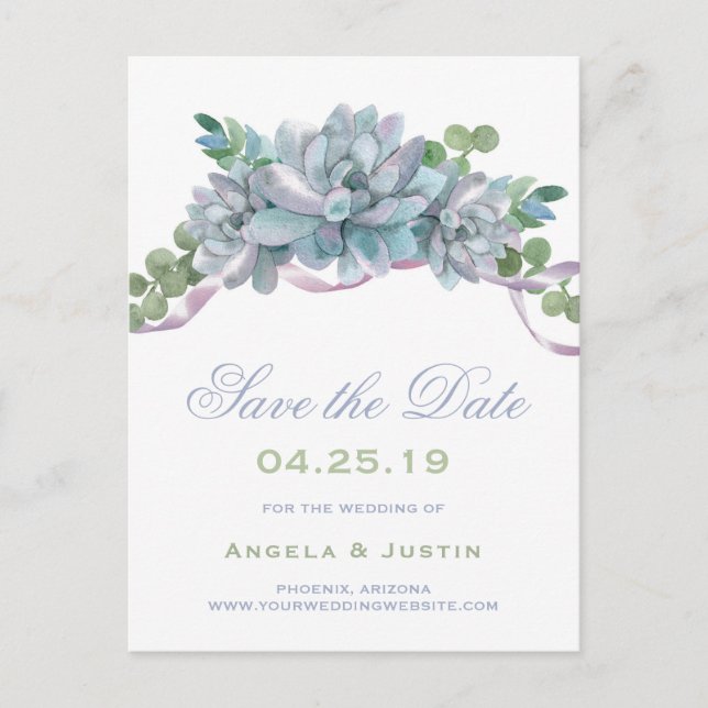 Postal De Anuncios Echeveria Acuarela Cinta Morada Save the Date (Anverso)