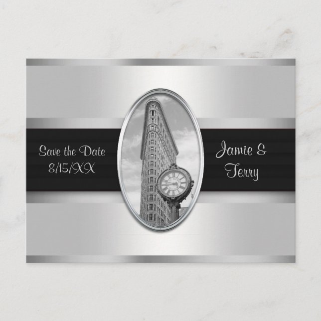 Postal De Anuncios Edificio Flatiron Blanco Plateado BW Save the Date (Anverso)
