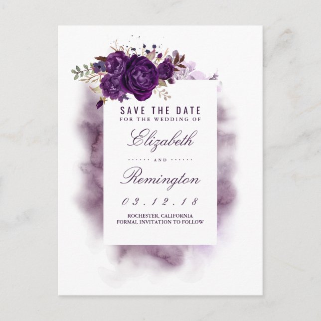 Postal De Anuncios Eggplant Floral Elegant Save the Date (Anverso)