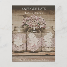 Postal De Anuncios El Boda Rústico Lace Jars SAVE FECHA Postcard
