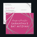 Postal De Anuncios El cambio de planes de Bat Mitzvah<br><div class="desc">Postal moderna, moderna y elegante de color rosa y plata caliente Bat Mitzvah para anunciar una celebración o cambio de ceremonia en los planes de un evento virtual, con un moderno borde de cuadrados geométricos abstractos. Personaliza fácilmente esta asequible postal "cambia la fecha o los planes" para tu Virtual Bat...</div>