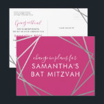 Postal De Anuncios El cambio de planes de Bat Mitzvah<br><div class="desc">Postal moderna, moderna y elegante de color rosa y plata caliente Bat Mitzvah para anunciar una celebración o cambio de ceremonia en los planes de un evento virtual, con un moderno borde de cuadrados geométricos abstractos. Personaliza fácilmente esta asequible postal "cambia la fecha o los planes" para tu Virtual Bat...</div>
