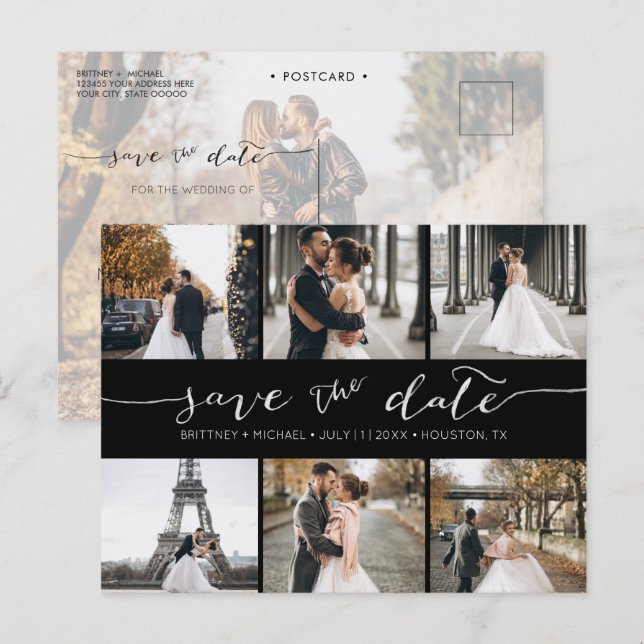 Postal De Anuncios El Collage de fotos moderno salva la fecha negro (Anverso / Reverso)