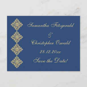 Postal De Anuncios El diamante dorado Damask Blue Save the Date