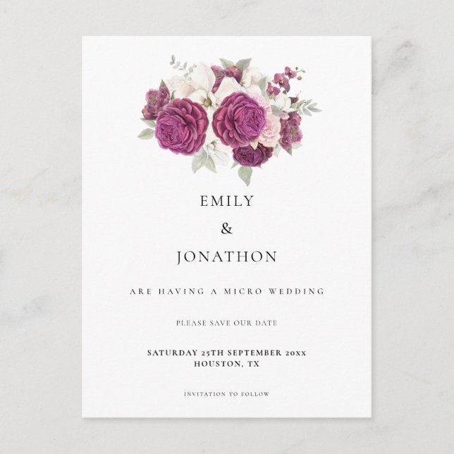 Postal De Anuncios El micro Boda Burgundy Floral Salva La Fecha (Anverso)