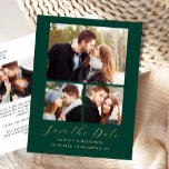 Postal De Anuncios El oro verde esmeralda de 4 fotos salva la fecha<br><div class="desc">Esta simple y minimalista postal Save the Date muestra un collage de fotos de tres fotos sobre las palabras "Save the Date" en un elegante guión de escritura a mano de color dorado, seguido por los nombres de la pareja, la fecha boda y la ciudad en letra sans serif en...</div>