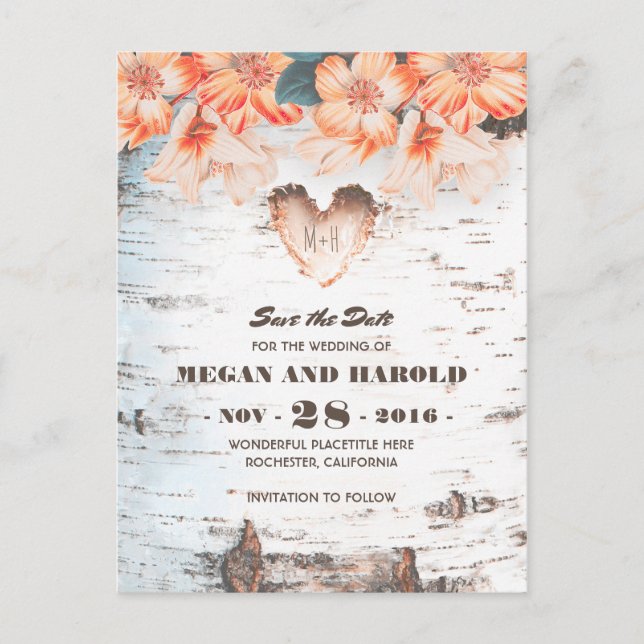 Postal De Anuncios El país de Birch Heart Rustic Fall Save the Date (Anverso)