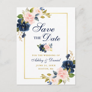 Postal De Anuncios El Rubor azul floral rosa elegante oro salva la fe