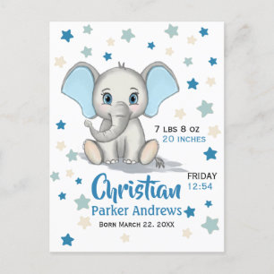Postal De Anuncios Elefante bebé lindo con estadísticas de nacimiento