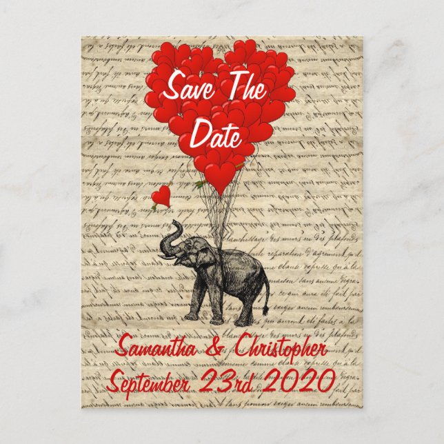 Postal De Anuncios Elefante y corazón rojo guardan la fecha (Anverso)