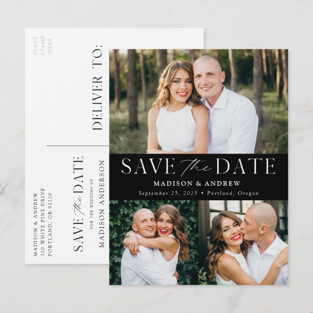 Postal De Anuncios Elegancia moderna Tres fotos negro Guardar la fech (Anverso / Reverso)