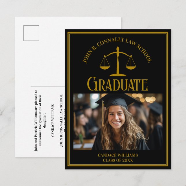 Postal De Anuncios Elegant Black Gold Law School Graduation Photo (Anverso / Reverso)
