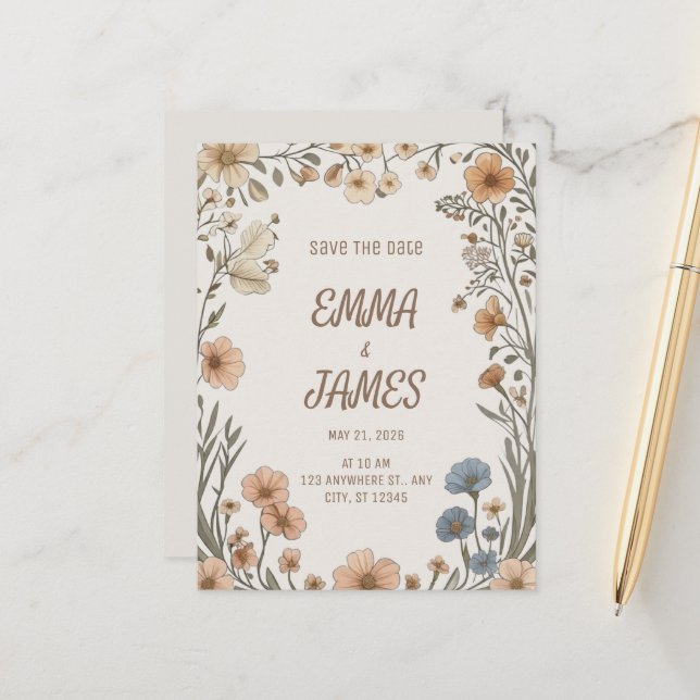 Postal De Anuncios Elegant Boho Floral Save the Date Card (Anverso/Reverso In Situ)