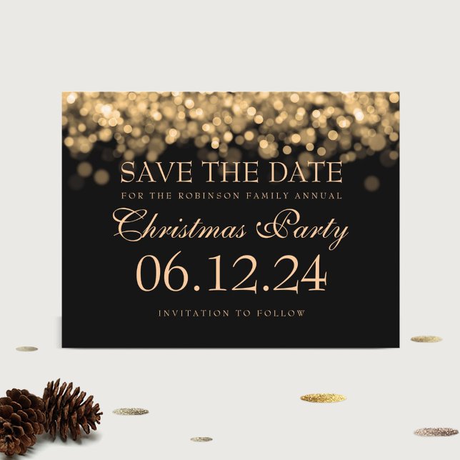 Postal De Anuncios Elegant Christmas Party Save The Date Gold Lights (Subido por el creador)