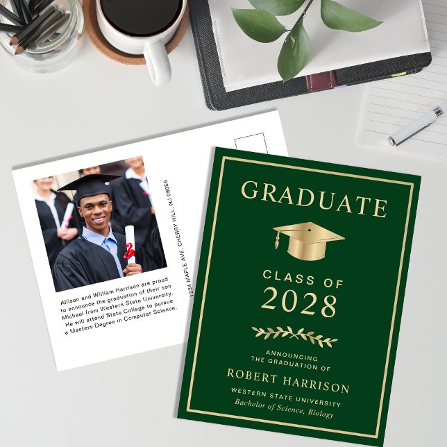 Postal De Anuncios Elegant College Photo Green Gold Graduación (Subido por el creador)