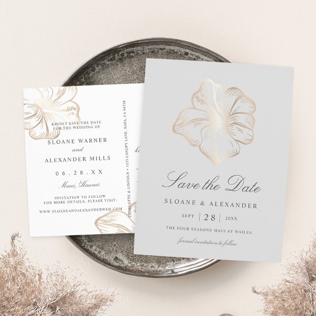Postal De Anuncios Elegant Gold Hibiscus Flower Wedding Save the Date (Subido por el creador)